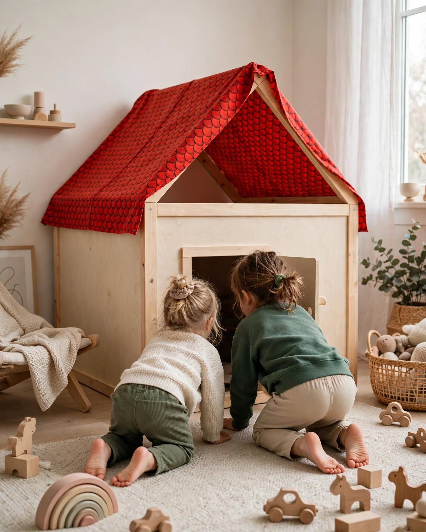 Entdecke eine kreative DIY-Idee fürs Kinderzimmer: ein kleines Spielhaus mit rotem Dach aus Baumwollstoff. Mit Tipps zur genähten Dachbespannung zum Selbermachen.