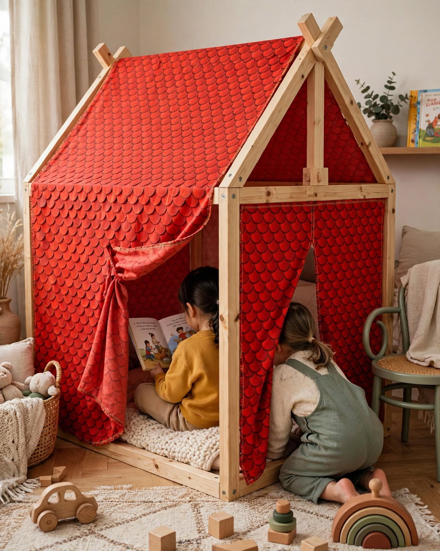 Selbst gestaltetes Spielhaus aus hellem Holz mit rotem Dachschindel-Baumwollstoff in einem modernen Kinderzimmer.