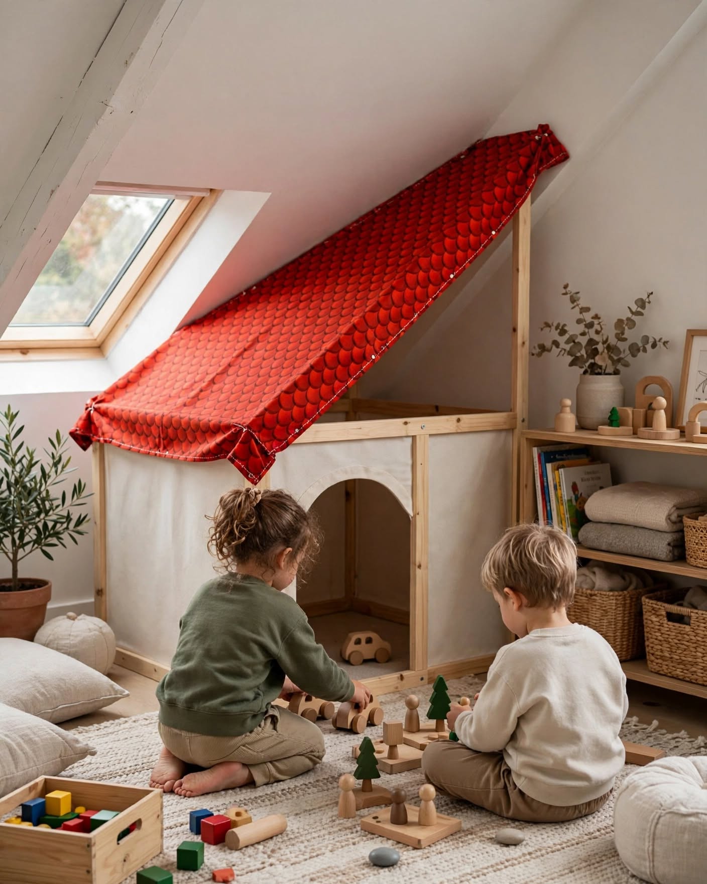 Selbst gestaltetes Spielhaus aus hellem Holz mit rotem Dachschindel-Baumwollstoff in einem modernen Kinderzimmer.
