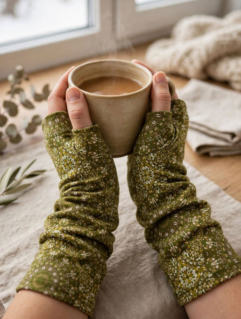 Drei KI-inspirierte Winternähprojekte: ein weich gepolsterter Fußwärmer, moderne Handstulpen mit Daumenöffnung und eine kuschelige Wärmflaschenhülle mit Paspel-Einfassung.